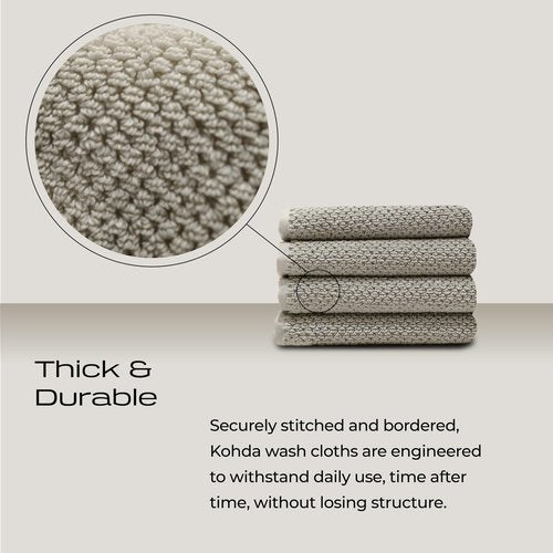 KOHDA LIVING Beige Bathroom Wash Cloths for Face Body & Showering, 4-Pack - Silver Infused 100% Organic Cotton Luxury Washcloths, 600 GSM, 12.9"x12.9" - Soft Thick Lint-Free Bath Wash Cloth Set