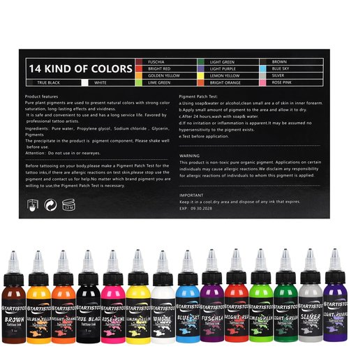 GTARTISTOO Professional Tattoo Ink Set 14 Colors 1OZ (30ml) Vegan-Friendly Pigment Tattoo Ink Supplies Ink