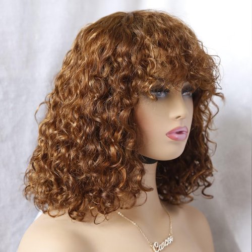 IMAYLI Curly Bob Wig with Bangs 10inch Short Curly Wigs for Black Women Human Hair 180% Density Glueless Water Wave Brazilian Hair wigs None Lace Front Wig P4/30