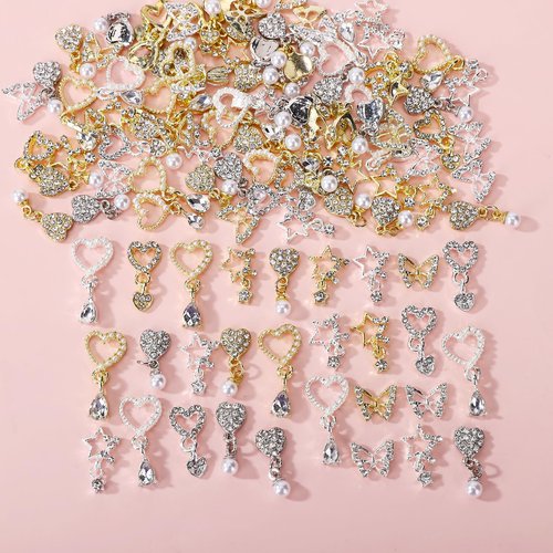 BJRSPGLS 40Pcs Heart Dangle Nail Charms Nail Rhinestones and Gems,Silver Gold Nail Jewels Charms Diamonds Stones for Nail Art,Valentines Love Star Dangling Nail Jewelry for Nails Design Variety