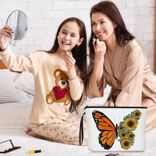 Cunno 4 Pcs Butterfly Makeup Bags for Women Canvas Cosmetic Butterfly Flowers Gifts for Girls Birthday Canvas Purse Travel Makeup Bags Zipper Pouch for Ladies Coworker