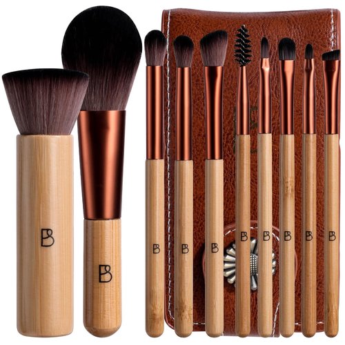 BS-MALL 10 Pcs Professional Bamboo Makeup Brush Set - Travel-friendly Eyeshadow Brush, Concealer Brush & Foundation Brush For Liquid Makeup - Lightweight Multi-purpose Daily Use With Makeup Bag