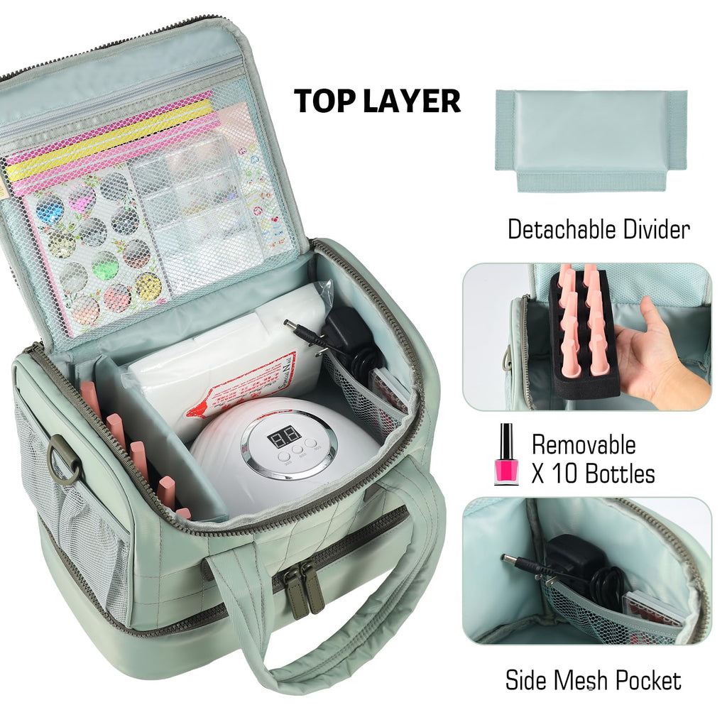 VOFIpremiAm Nail Polish Organizer Case Fits Nail Lamp and 50 Bottles,Quilted Nail Organizers and Storage for Nail Tech,Water Proof Nail Polish Storage Bag Fits Nail Kit Manicure Tools (Patented)-Green