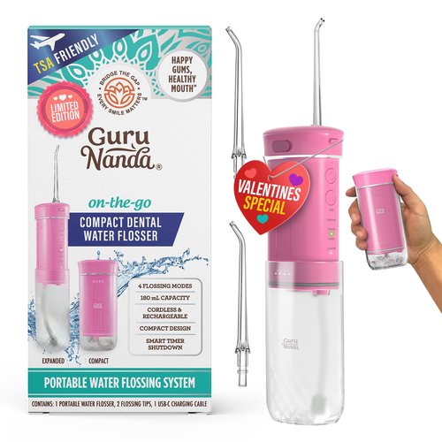 GuruNanda Valentine's Day Special Compact Water Dental Flosser, Portable Travel Size Oral Irrigator Flosser with Collapsible 180 ml Tank, Smart Timer, 4 Flossing Modes, TSA-Friendly - Pink
