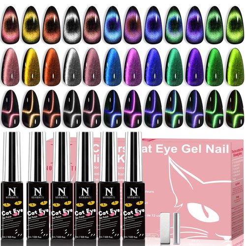 noirwhite Cat Eye Gel Nail Polish, 12 Colors Sparkly Glitter 9D Chameleon Magnetic Nail Polish Set with Magnet Base Top Coat Soak Off LED UV Nail Art DIY Manicure Home Salon Gift for Women