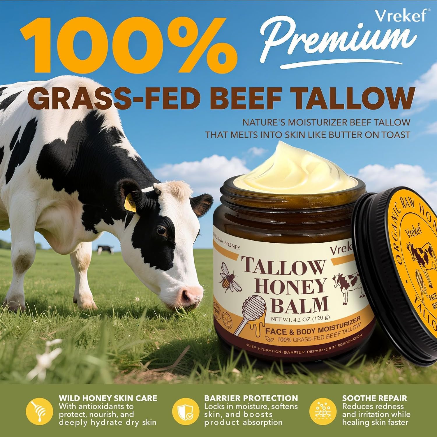 VREKEF Beef Tallow for Skin (4.2 oz)– Tallow and Honey Balm for Face & Body – Grass-Fed Tallow with Beeswax, Sea Buckthorn Oil, Shea Butter, Vitamin E – Natural Moisturizer