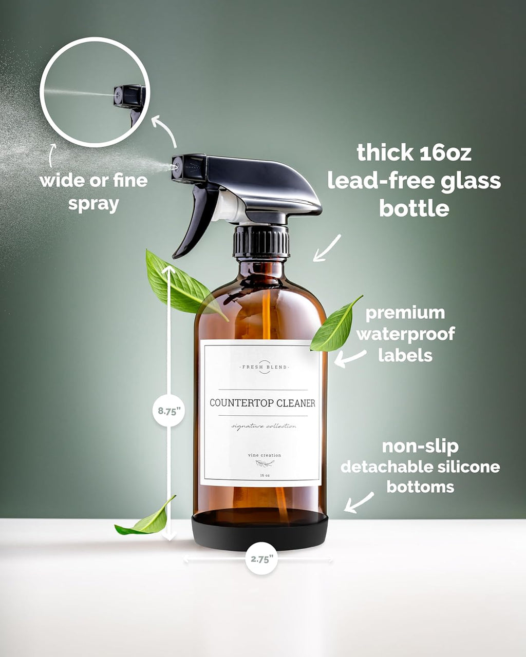 Vine Creations Amber Glass Spray Bottles - 16 oz Refillable Cleaning Bottles | 2 Pack with Waterproof Labels