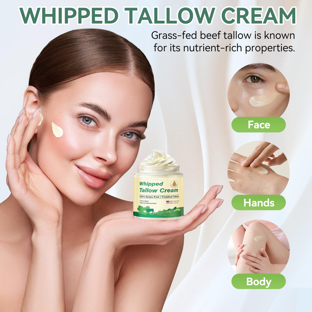 ZIIDII Beef Tallow for Skin, Organic Grass Fed Whipped Beef Tallow Balm Moisturizer Deeply Nourishing for Face & Body, Natural Unscented Tallow Face Moisturizer Cream for Dry Skin, 4oz