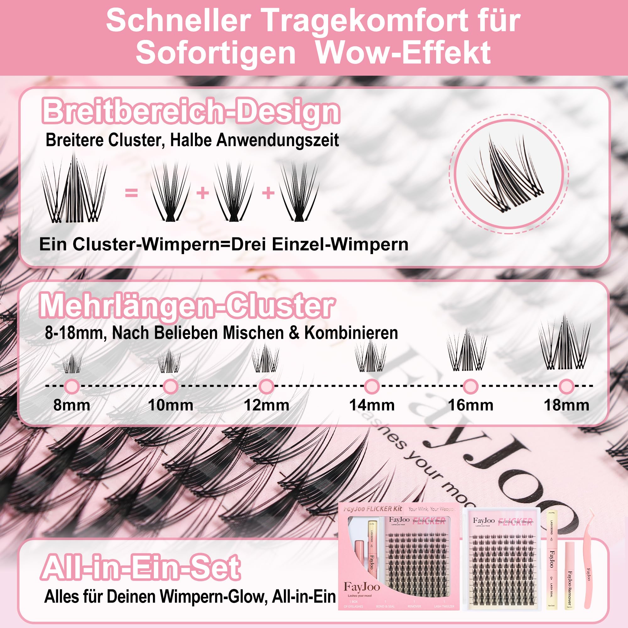 Wispy Spiky Soft Lash Clusters Kit, C Curl 8-18mm, Thin Fiber with 0.05mm Invisible Band, DIY Salon Eyelash Extension Kit with Bond Seal Remover Tweezers, Lightweight, FayJoo FLICKER 11 Kit