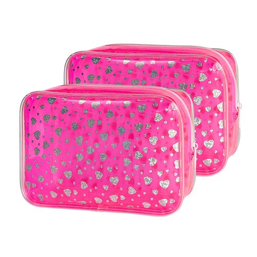 TotePrint 2set Neon TSA Approved Clear Toiletry Pouch, 7"x2.3"x4.7" Size, PVC Travel Makeup Bags for Toiletries, Transparent Cosmetic Bag for Women and Men Small (Heart+Pink)