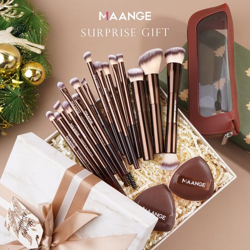 MAANGE Makeup Brush Set 19 PCS Travel Makeup Brushes Eyeshaowder Powder Concealers Foundation Professional Make Up Brush Set with Case (Coffee)