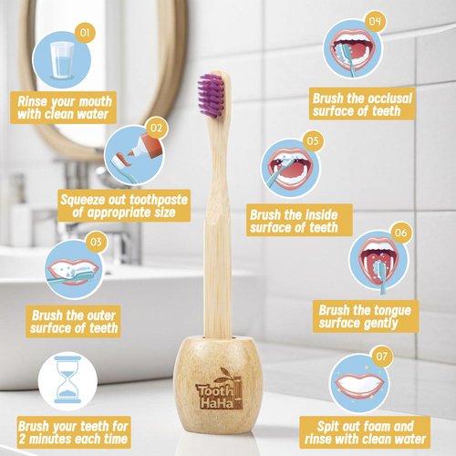 Tooth HaHa Kids Bamboo Toothbrushes, BPA-Free Soft Bristles, Eco-Friendly Natural Wooden Toddler Toothbrush, 6-Pack Travel Toothbrushes Set for Children