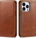 SHIELDON iPhone 13 Pro Case - Genuine Leather Folio Wallet with RFID Blocking & Kickstand - Retro Brown