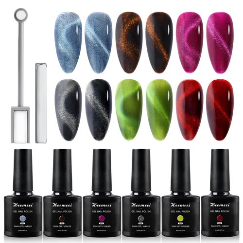 heemeei Cat Eye Gel Nail Polish, 6 Colors 8 ml Magnetic Blue Brown Purple Black Green Red Nail Polish Set with Magnetic Stick, Cat Eye Glitter Gel Polish, Spring Summer Magnetic Polish for Nail DIY