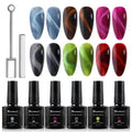 heemeei Cat Eye Gel Nail Polish, 6 Colors 8 ml Magnetic Blue Brown Purple Black Green Red Nail Polish Set with Magnetic Stick, Cat Eye Glitter Gel Polish, Spring Summer Magnetic Polish for Nail DIY