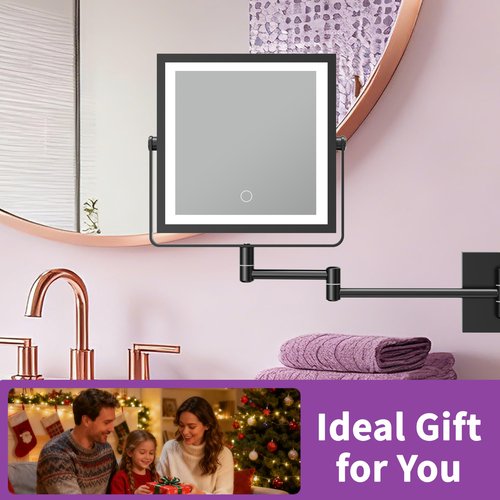 MIROAMZ Wall Mounted Lighted Makeup Mirror, Rechargeable Double-Sided 1X/10X Magnifying Mirror with Light, Touch Dimmable 3 Color Lights, 360° Rotation Extendable Arm (Matte Black)