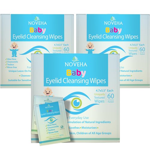 NOVEHA 180Pcs Baby Eyelid & Lash Wipes | Safe & Natural Pack of 60 Pre-moistened Wipes (3 Pack)