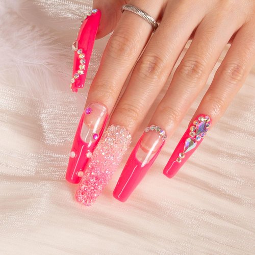 LOVFUL Press on Nails Pink Typhoon Square | Handmade with Full Covered Crystals | Reusable Full Cover Nails | Coffin Mid length 1.7 in | H38-M