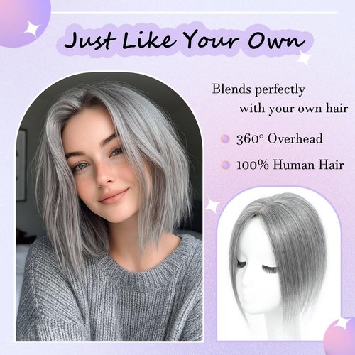 Hair Toppers for Women Real Human Hair， 360° 3D Cover Hair Topper Clip in Bangs 10 Inch Realistic Scalp Pieces for Women with Thinning Crown (Gray, Side Bangs)