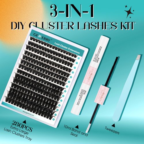 GEMERRY DIY Lash Extension Kit for Beginners 280 PCS Individual Lash Clusters Kit 0.07D 10-18 MIX Eyelash Extension Kit Lash Glue for Eyelash Extensions(80D-0.07D,10-18MIX-KIT)