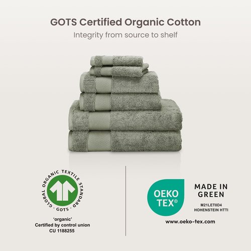 BIOWEAVES 100% Organic Cotton Bath Towel Set | 700 GSM Plush 6-Piece Premium Towel Set GOTS Certified, 2 Bath Towels, 2 Hand Towels & 2 Washcloths - Sage