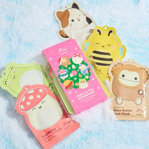 TONYMOLY x Squishmallows Head to Toe Mask Set - 5-Piece Hydrating & Soothing Holiday Gift Set | Brightening Face & Body Masks