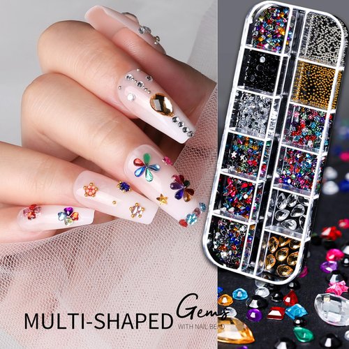 Teenitor Nail Charms Nail Gems with 15 Sheets Gold Nail Stickers, 6 Boxes of Rhinestones for Nails Art Tools, 3D Nail Decals Pearls for Nails