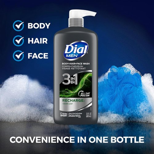 Dial Men 3-in-1 Body, Hair, and Face Wash - Recharge Formula | 69 Fl Oz (3 x 23 Fl Oz Bottles)