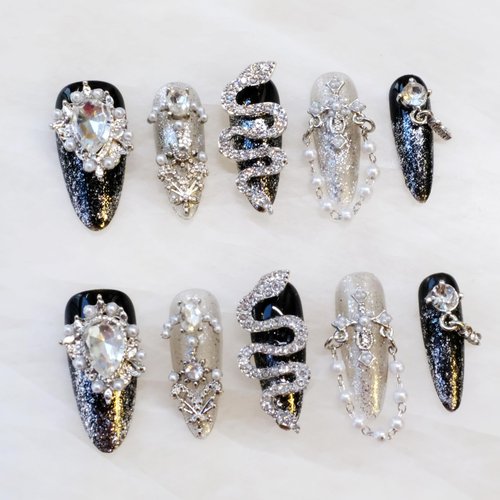 GLORS Luxury Long Almond Press-On Nails, Black and Silver Glitter with 3D Rhinestones and Pearl Accents, Handmade False Nail 10 Pieces (Small, LS)
