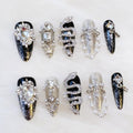 GLORS Luxury Long Almond Press-On Nails, Black and Silver Glitter with 3D Rhinestones and Pearl Accents, Handmade False Nail 10 Pieces (Small, LS)