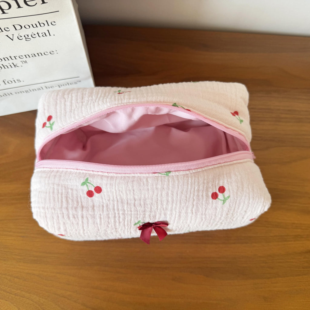 ZUNUONUO Handmade Quilted Cotton Makeup Bag for Women - Cute Cosmetic Pouch, Travel Toiletry & Make Up Organizer, Coquette Aesthetic Skincare Bag, Travel Essentials (Cute Cherry)