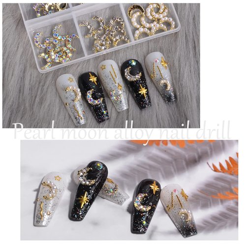 60 Pcs Moon Nail Charms Rhinestones 3D Shiny Moon Shape Metal Gems Jewels Stones Gold Rhinestones Charms Design for Nails Art Accessories DIY Decoration with Storage Box