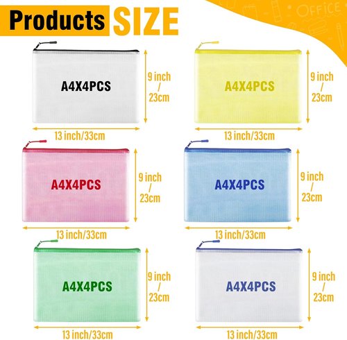 Skiennix 24pcs Mesh Zipper Pouch Bags - Waterproof A4 Document Organizers for Travel & Office Storage