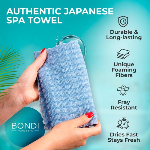 BONDI Exfoliating Shower Towel for Smooth Skin - Extra Long - Perfect for Back Scrubbing - Made in Japan