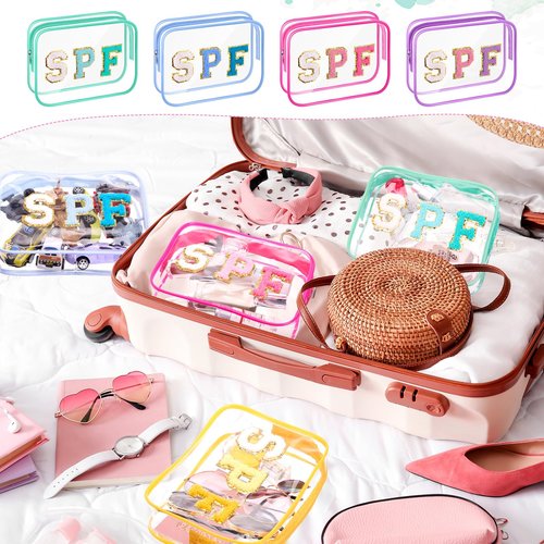 Kacctyen 12 Pcs Spf Clear Makeup Bags Bulk Waterproof Sunscreen Pouch Beach Pool Bag Chenille Letter Patch PVC Preppy Travel Toiletry Cosmetic Zipper Organizer for Women Girls Summer Vacation Gifts