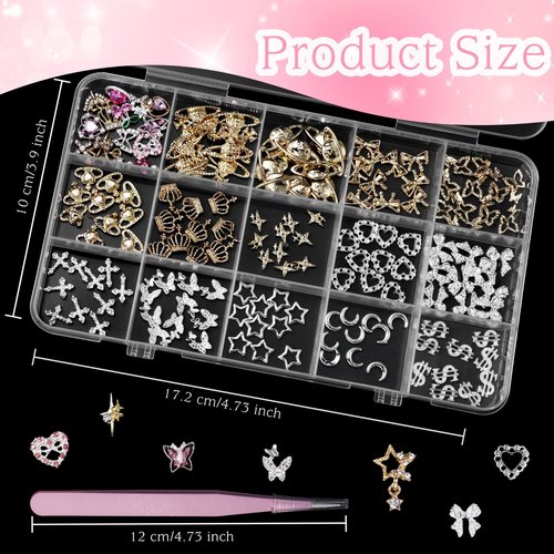154 Pcs Alloy Star Cross Nail Gems Charms, Silver Gold Bow Crown Butterfly Cross Bow Nail Charms 3D Cherry Planet Heart Nail Jewelry Charms, Nail Rhinestones Gems Charms for Nail Art DIY Decoration