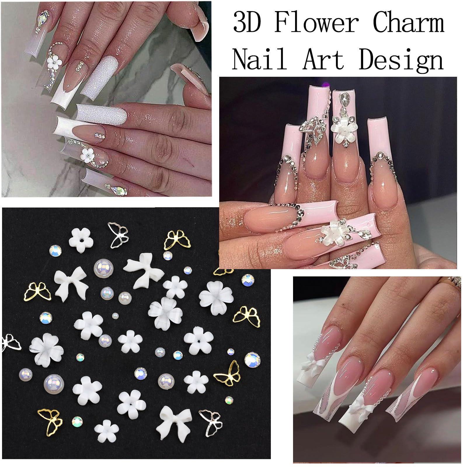 VOTACOS Flatback Nail Art Pearls and Rhinstones - Flower Bow Charms with Gel Glue - Gold, Silver, Butterfly Colors - Women's Acrylic Nail Decorations