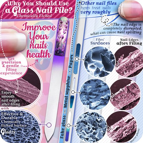 GLADZY Genuine Czech Glass Nail File Set - Callus Remover Foot Rasp, Cuticle Pusher Manicure Stick, Double Sided Etched Different Grit Surface, Professional Nail Care Tool, Made in EU