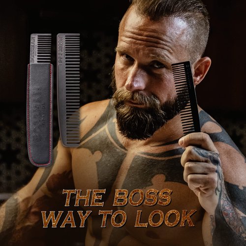 Bossman Metal Grooming Comb for Men - Mustache and Beard Styling Tool with Leather Pocket Case (Black)