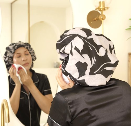 Glow by Daye Satin Lined Shower Cap, Adjustable and Waterproof with Satin Interior for Hair Protection, Large (Ebony and Ivory)