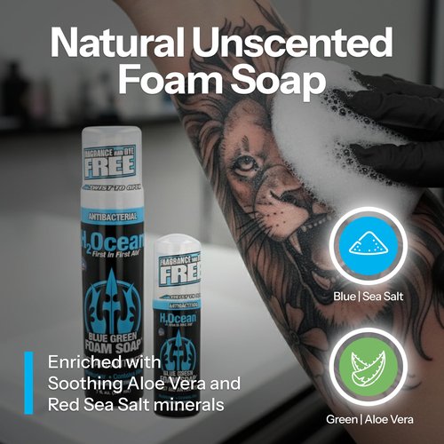 H2Ocean Blue Green Foam Soap - Tattoo Aftercare Cleanser, Antibacterial, Unscented, with Aloe Vera, Moisturizing Care, Safe for All Skin Types, No Harsh Chemicals, Fragrance Free - 7 oz
