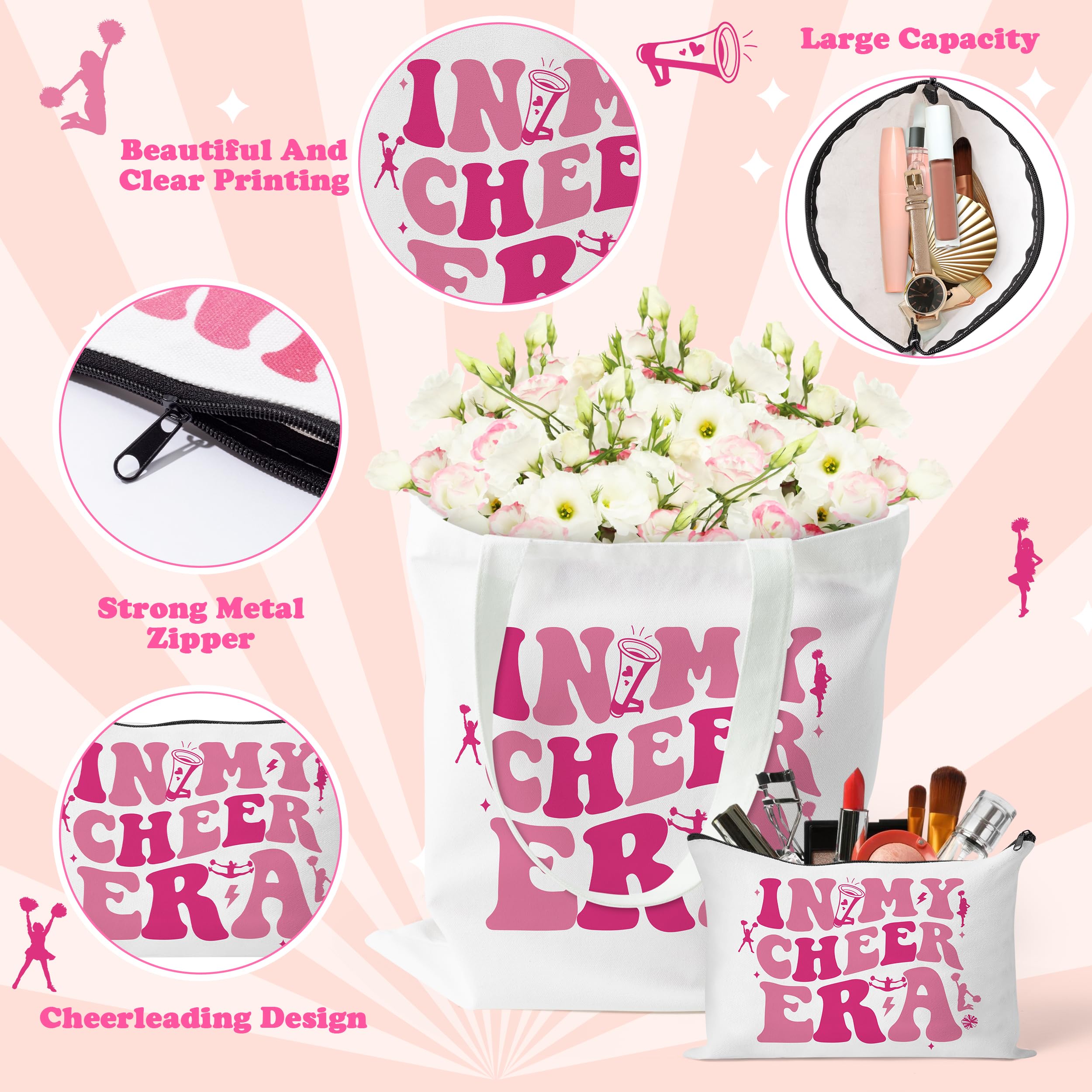 Y1tvei Cheerleader Canvas Bag Gifts - 57Pcs In My Cheer Era Canvas Tote Bag Makeup Pouch, Cheer Bracelet Necklace Encouragement Card Stickers Socks, Cheerleading Lover Gift Set for Women Cheerleaders