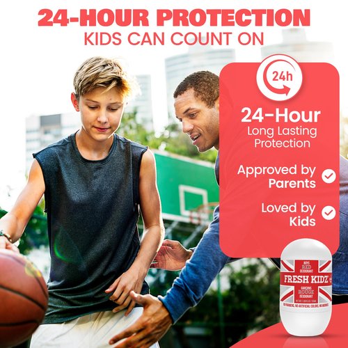 Fresh Kidz Roll On Deodorant for Kids and Teens - Baking Soda and Aluminum-free 24 Hour Protection for Sensitive Skin - Boys "Red" 1.86 fl.oz. (2 Pack)