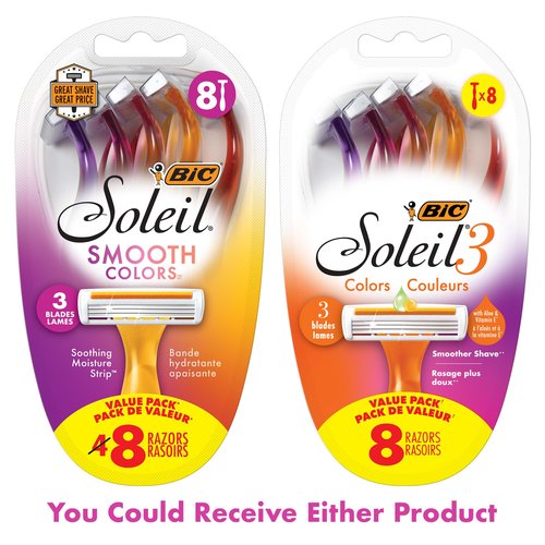 BIC Soleil 3 Colors Women's Disposable 3 Blade Razors, Colorful Handles and Moisture Strip, 10-Pack