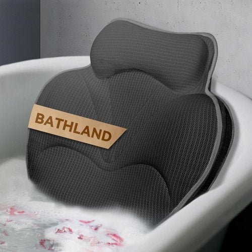 Bathland Bath Pillows for Tub - Luxury Bathtub Pillow Neck, Head, Back Support, Soft 5D Mesh Fabric and Non-Slip Suction Cups & Quick Dry, Comfort Fits All Tubs, Relaxation Spa Gift, Grey