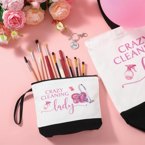 Kacctyen 3 Pcs Housekeeping Appreciation Gift, Housekeeping Week Tote Bag Cosmetic Makeup Bag Cleaning Keychain for Cleaning Service Staff Coworker