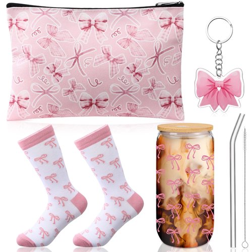 Boao 5 Pcs Pink Bow Gift Set with Bow Glass Cup, Socks, Cosmetic Bag Keychain Coquette Stuff Thank You Gift Box for Girls Women Valentines