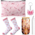 Boao 5 Pcs Pink Bow Gift Set with Bow Glass Cup, Socks, Cosmetic Bag Keychain Coquette Stuff Thank You Gift Box for Girls Women Valentines