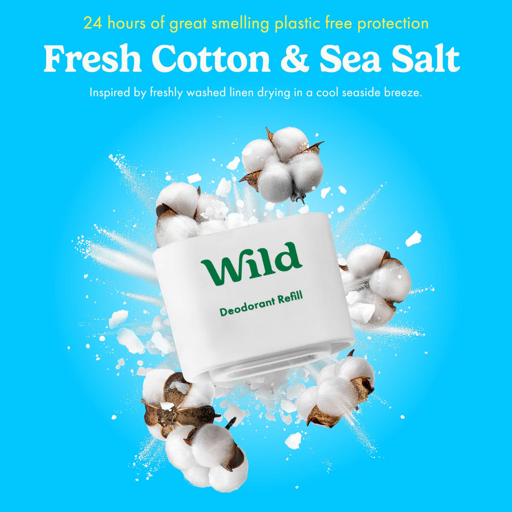 Wild Aluminum Free Deodorant Starter Kit - Refillable Stick Deodorant with Purple Applicator Case & Vegan Refill Variety Pack - Fresh Cotton & Sea Salt, Cherry Blossom and Coconut & Vanilla Scents
