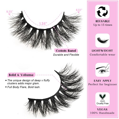 QUNETY Lashes Wispy False Eyelashes Cat Eye Lash Strips Natural Look Fake Mink Eyelash Pack 14 Pairs Lightweight Fluffy Cateye Strip Lashes Soft Cotton Band 6-13mm Demi Wispies Full Pestañas Postizas